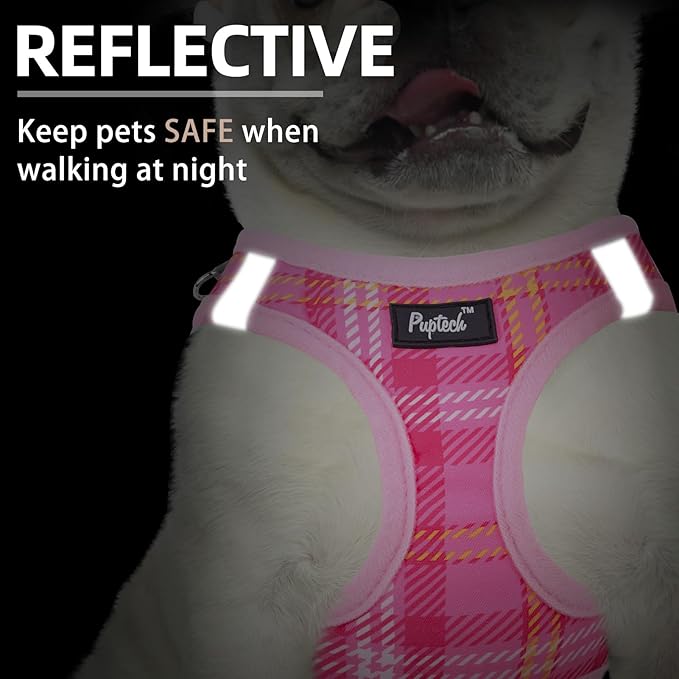 PUPTECK Dog Harness and Leash Set for Small Medium Dogs No Pull Step-in Soft Mesh Puppy Cat Vest Harnesses Reflective at Night, Plaid Pattern Pink XS