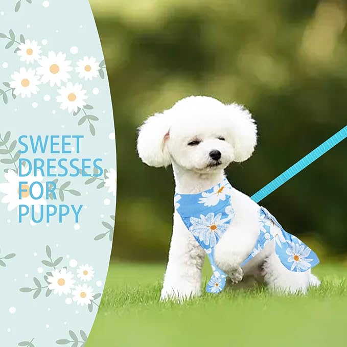 Dog Dress Bowknot Harness Leash Set for Small Girl Dogs Blue Daisy Floral Dog Cat Clothes Cute Puppy Outfits Pet Clothes Spring Summer Breathable Dresses(Medium)