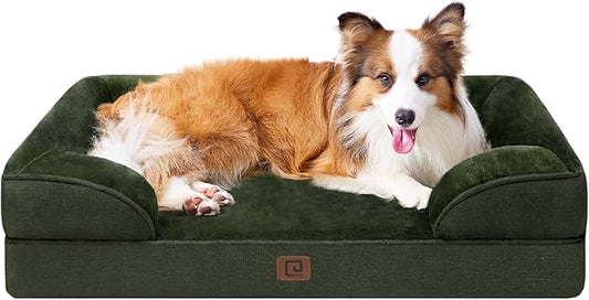 EHEYCIGA Orthopedic Dog Beds for Large Dogs, Waterproof Memory Foam Large Dog Bed with Sides, Non-Slip Bottom and Egg-Crate Foam Pet Couch Bed with Washable Removable Cover, Dark Green