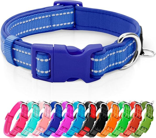 azuza Reflective Dog Collar,Soft Neoprene Padded Pet Collar with ID Tag Ring,Adjustable for Large Dogs,Royal Blue,L