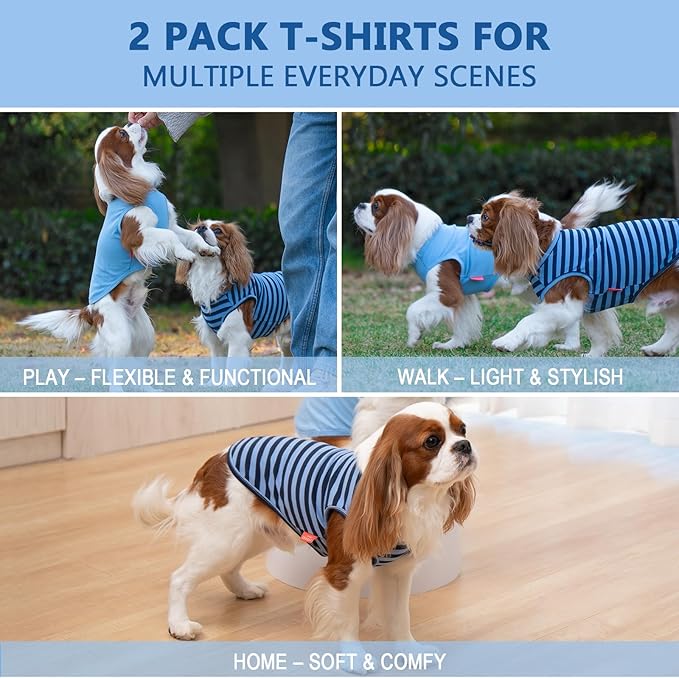 KYEESE 2Pack Dog Shirts Striped T Shirt Soft Tee for Small Dogs Cotton Tank Top Clothes Lightweight Sleeveless Dog Vest, X-Large,Dark Blue+Striped