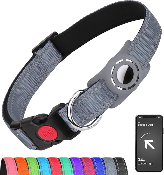 Airtag Dog Collar with AirTag Holder for Large Dogs, Reflective, Soft Padded & Safety Locking Buckle, Nylon Pet Collars Adjustable for All Breeds, Grey,XL
