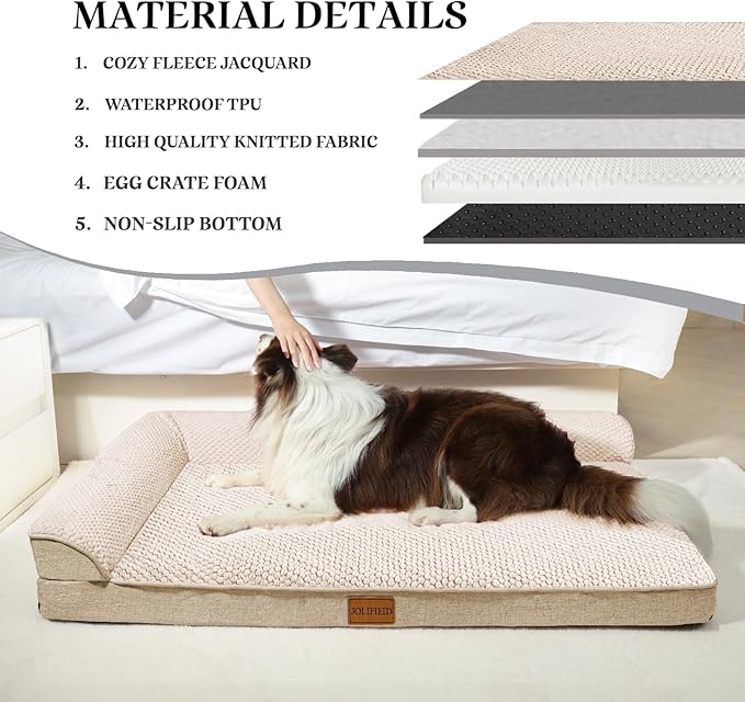Orthopedic Jacquard Dog Bed for Medium Dogs, Waterproof L Shaped Medium Pet Sofa Bed with Washable Removable Cover, Non-Slip Soft Warm Comfortable Pet Couch Sleep Mat, 30''X20'' Ivory