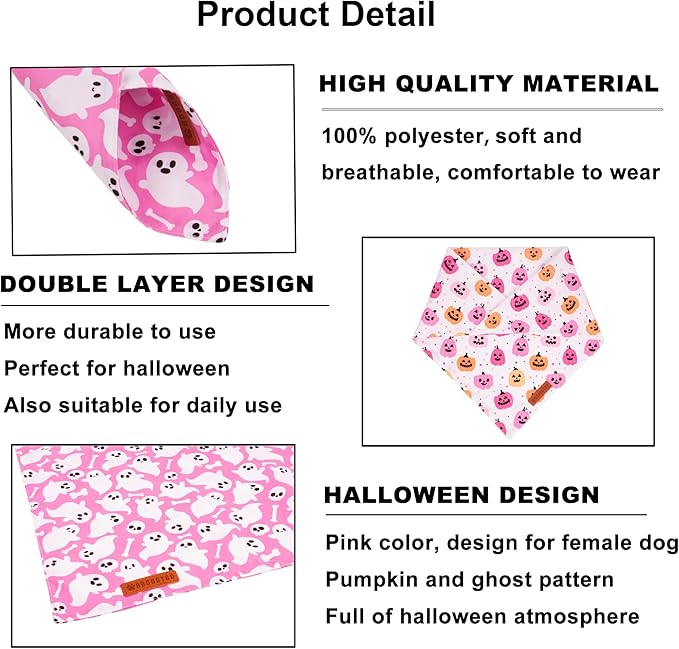 ADOGGYGO Halloween Dog Bandana, Pink Pumpkin Ghost Pet Scarf, Premium Durable Fabric, Adjustable Fit Female Halloween Bandanas for Medium Large Dogs Pets (Large)