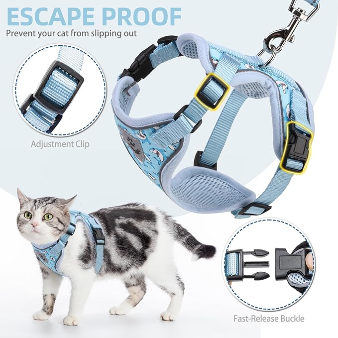PUPTECK Cat Harness and Leash Set Escape Proof Reflective Cat Walking Harness Adjustable Soft Breathable Mesh Vest for Small Pets, Blue Sharks, S