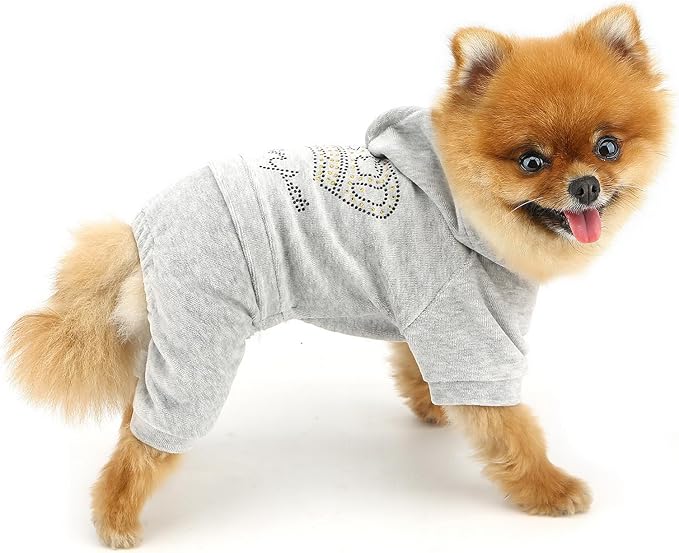 SELMAI Girl Dog Clothes for Small Dogs Cute Doggie Outfits Rhinestone Crown Stretchy Puppy Pajamas Soft Velvet Hoodie 4 Legged Jumpsuit Lightweight Pet Tracksuit Cat Apparel Leash Hole