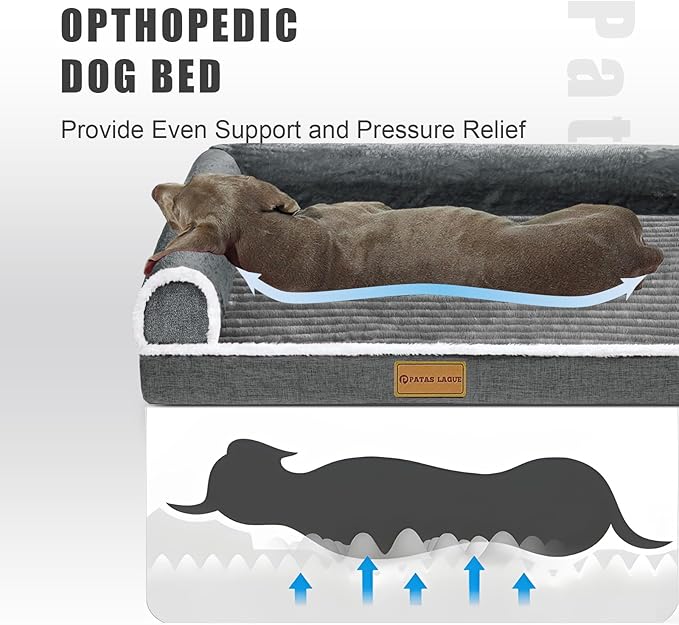 Patas Lague Orthopedic XXL Dog Bed for Extra Large Dogs 48''X30'', Waterproof Comfortable L Shaped Big Large Non-Slip Soft Warm Pet Sofa Sleep Bed mat with Removable Washable Cover, Grey