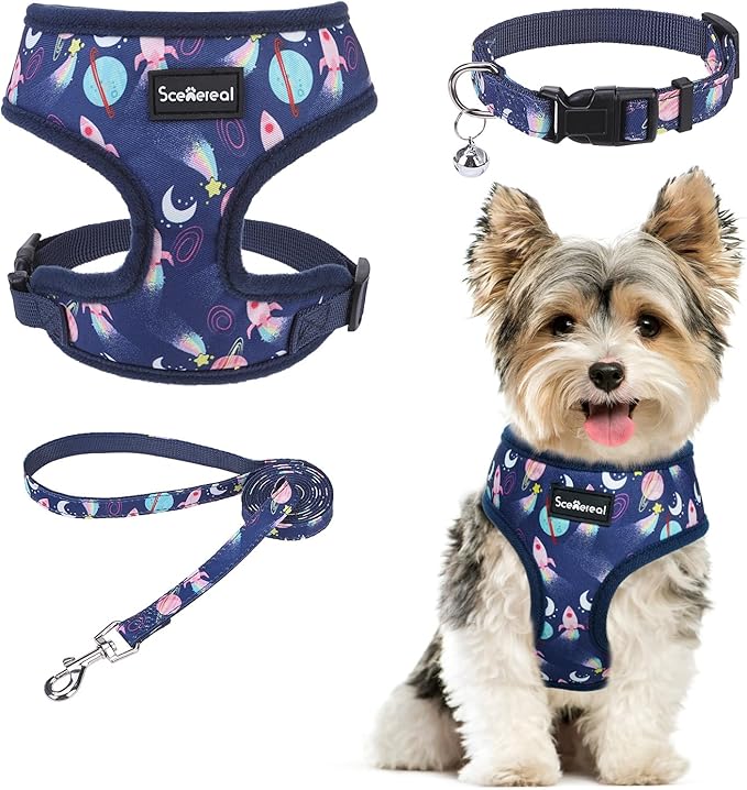 SCENEREAL Small Dog Harness Collar and Leash Set, Adjustable No Pull Pet Harnesses, No Chock Soft Mesh Step in Vest for Doggie Puppy Medium Dogs Cats Girl or Boy,Chihuahua, Yorkie, Outdoor Walking