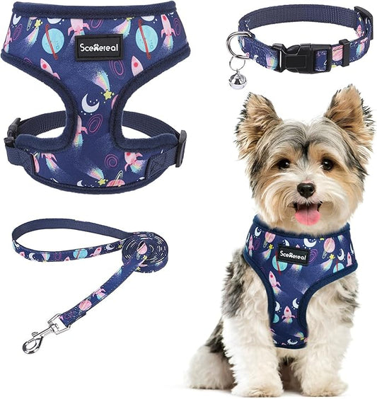 SCENEREAL Small Dog Harness Collar and Leash Set, Adjustable No Pull Pet Harnesses, No Chock Soft Mesh Step in Vest for Doggie Puppy Medium Dogs Cats Girl or Boy,Chihuahua, Yorkie, Outdoor Walking