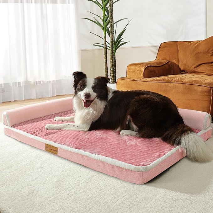 Patas Lague Orthopedic Jumbo Dog Bed for Extra Large Dogs 56''X40'', Waterproof Comfortable L Shaped Jumbo Non-Slip Soft Warm Pet Sofa Sleep Bed mat with Removable Washable Cover, Pink