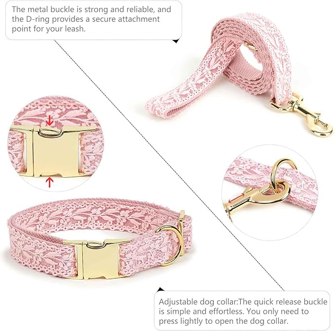 Pink Dog Collar Cotton Lace Handmade Embroidered Adjustable Dog Collar and Leash Set for Large Dogs with Rose Gold Metal Buckle & Fashion Flowers for Girl Dog Wedding Collar (Pink,L)