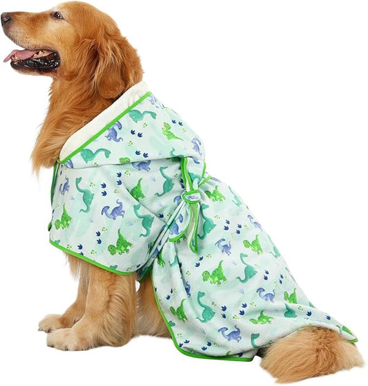 HDE Dog Bathrobe Super Absorbent Quick Drying Towel with Hood for All Dog Breeds Sizes S-XXL - Cute Dinosaurs - L