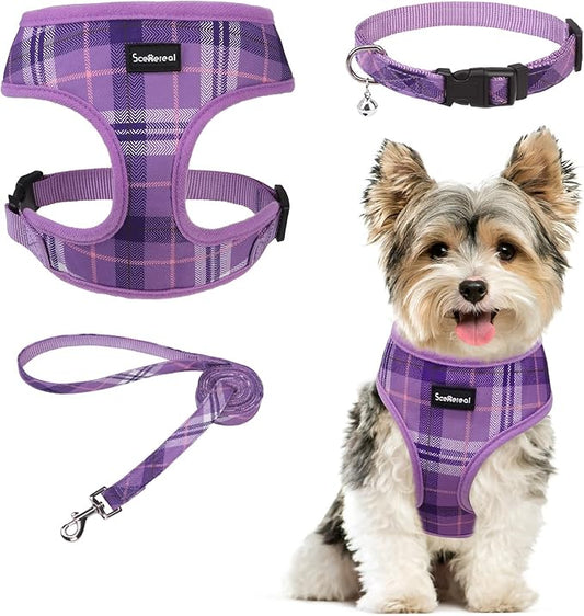 SCENEREAL No Pull Dog Harness Collar and Leash Set Small Medium Sized Dog, Soft Mesh Step in Puppy Harnesses, No Chock Plaid Adjustible Pet Vest for Outdoor Walking Training and Running, Purple XS