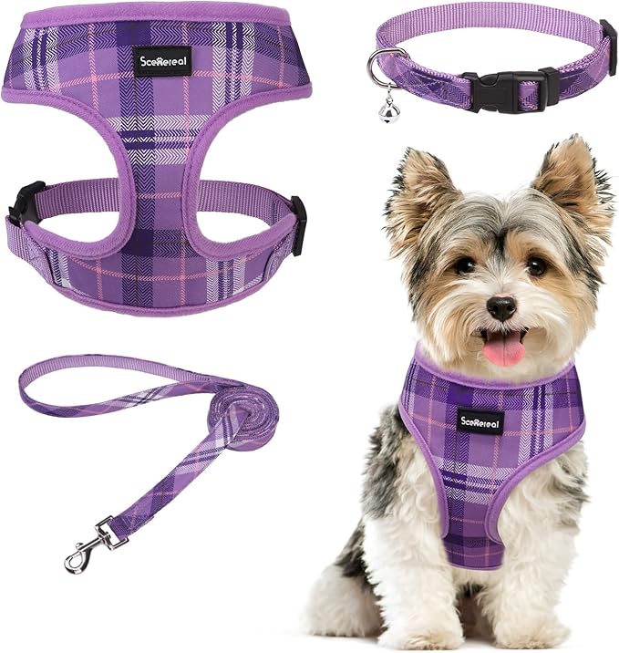 SCENEREAL No Pull Dog Harness Collar and Leash Set Small Medium Sized Dog, Soft Mesh Step in Puppy Harnesses, No Chock Plaid Adjustible Pet Vest for Outdoor Walking Training and Running, Purple S