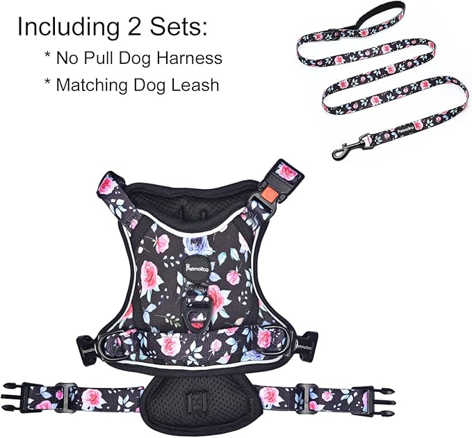 Petmolico No Pull Dog Harness and Leash Set, No Choke 4 Leash Attchments Easy Control Handle Soft Padded Reflective Vest Dog Harness for Small Dog Breed, Rose Small