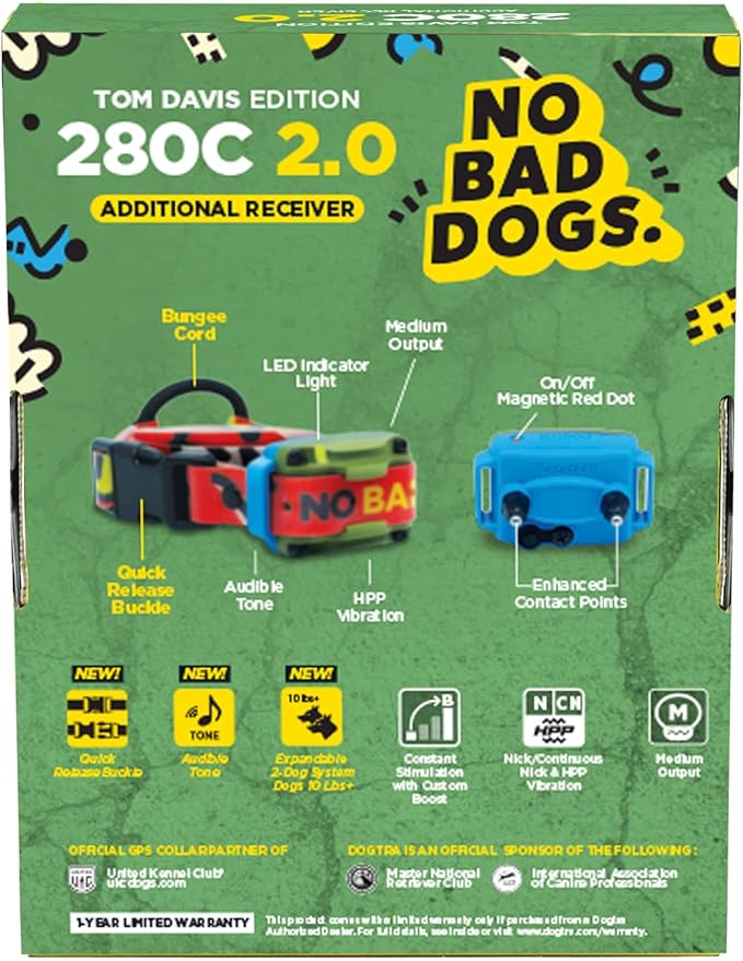 Dogtra Tom Davis 280C 2.0 Additional Receiver E-Collar – Boost & Lock, Waterproof, 1/2-Mile Range Dog Training Collar with Remote, Rechargeable, 127 Levels, Vibration, Bungee, No Bad Dogs Trainer
