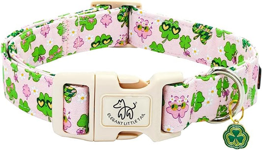 Elegant little tail St Patrick's Dog Collar-Cute Colver Cotton Shamrock Pet Collar Trefoil Pink Holiday Adjustable Cotton Pet Collar with Quick Release Buckle for Small Medium Large Dogs