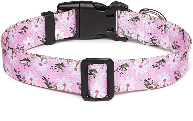 Adjustable Dog Collar with Patterns, Ultra Comfy Soft Nylon Breathable Pet Collar for Small Medium Large Dogs (L, Pink White Flower)