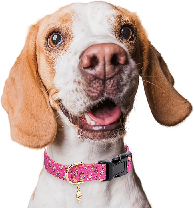 Cotton Dog Collar,Adjustable Cute Puppy Collar with Moon Patterned Design for Small Medium Large Dogs,Soft and Fancy Pet Collar with Safety Buckle for Girl Boy Dogs (Red Ice Cream, L)