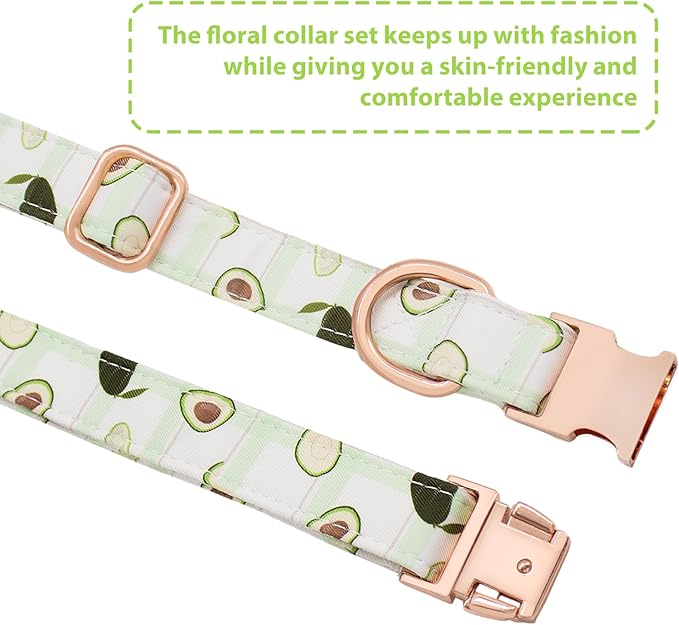 Dog Collar and Leash Set Adjustable Girls Puppy Floral Collars with Bow Tie for Small Medium Large Dogs(L, Avocado)