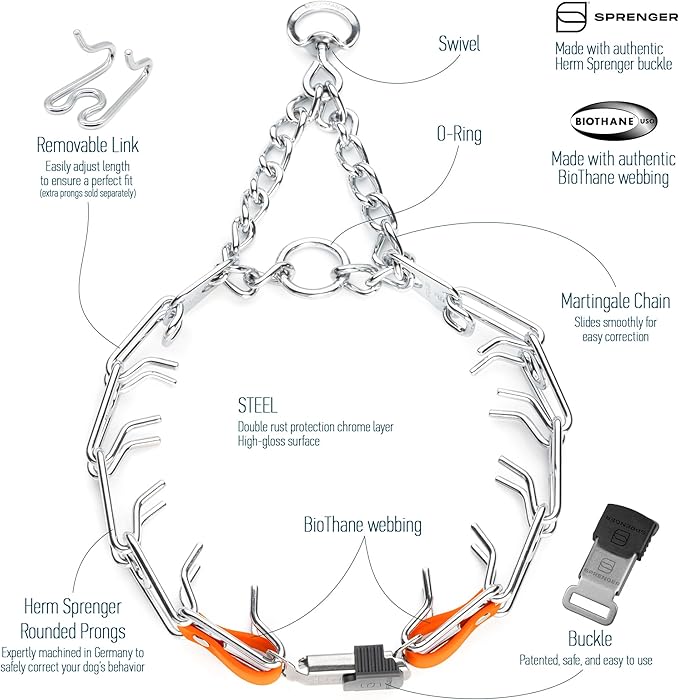 Herm Sprenger Chrome Plated Steel Dog Collar with Quick Release ClicLock Buckle and Biothane Insert Training Collar for Dogs Made in Germany (Hunter Orange, 25in x 4.0mm(Neck Size up to21-22in))