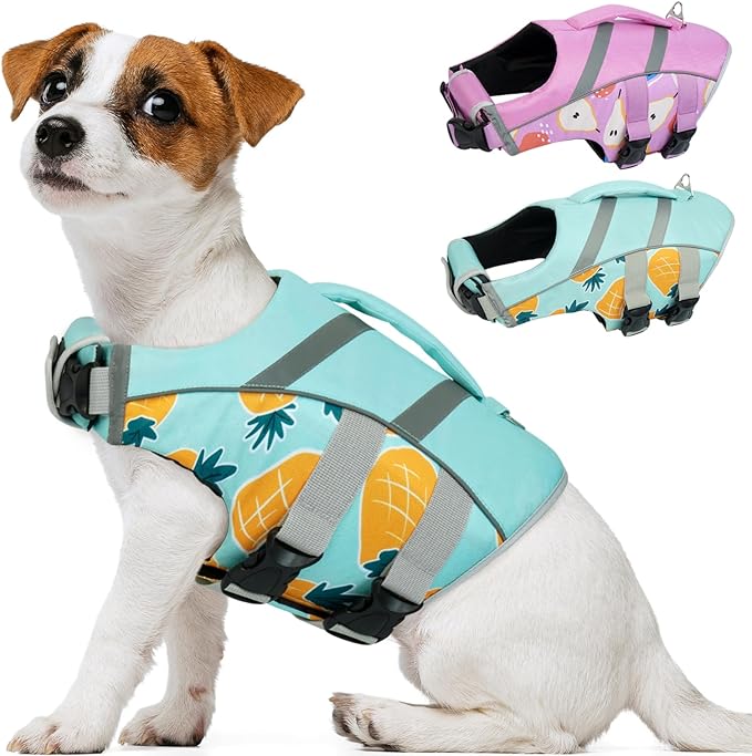 Kuoser Small Dog Life Jacket with Reflective Stripes, Dog Life Vest for Swimming Boating, Adjustable High Visibility Dog Life Vest with High Flotation Swimsuit, Pineapple XS