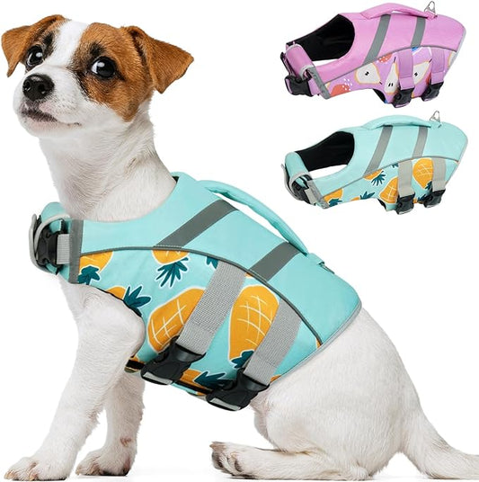 Kuoser Small Dog Life Jacket with Reflective Stripes, Dog Life Vest for Swimming Boating, Adjustable High Visibility Dog Life Vest with High Flotation Swimsuit, Pineapple XS