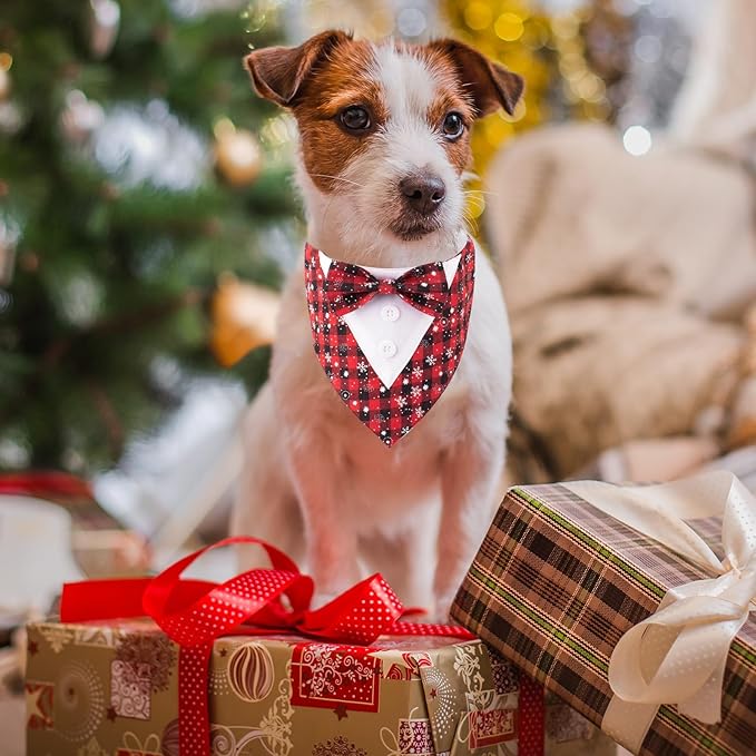 Adjustable Red Plaid Christmas Dog Tuxedo Bandana with Bow Tie - Holiday Pet Outfit Costume for Dogs XS to XL