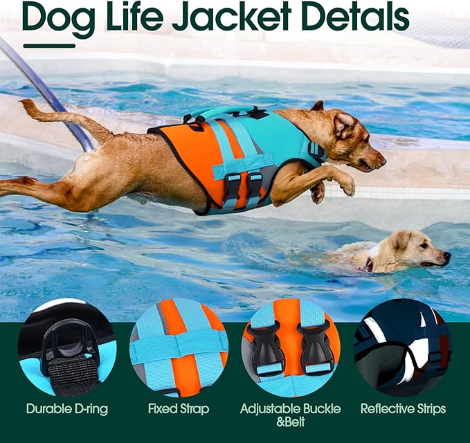 Kuoser Dog Life Jacket, Large High Flotation 2XL Dog Life Vest for Swimming Boating, Reflective Dogs Swimsuit Lifejacket, Pet Life Preserver with Double Rescue Handle, Blue, XXL