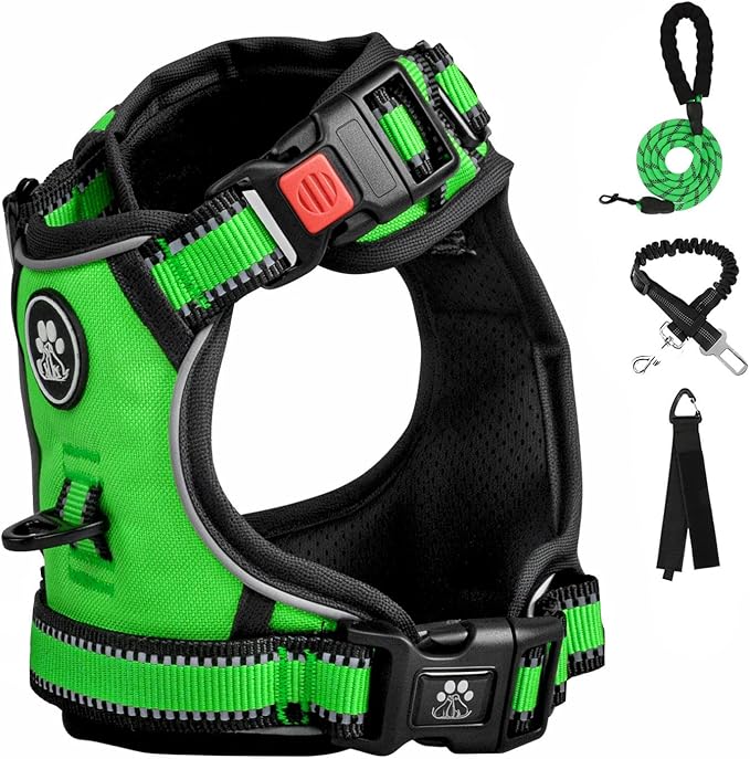 FURRYFECTION Dog Harness | No Pull Dog Harness | Reflective Oxford | Padded Handle | 4 Adjustable Straps | 2 Leash Clips | No Choke Pet Vest Harness for Small Medium Large Dogs | Green | S