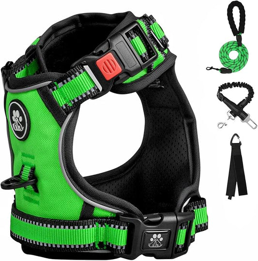 FURRYFECTION Dog Harness | No Pull Dog Harness | Reflective Oxford | Padded Handle | 4 Adjustable Straps | 2 Leash Clips | No Choke Pet Vest Harness for Small Medium Large Dogs | Green | S