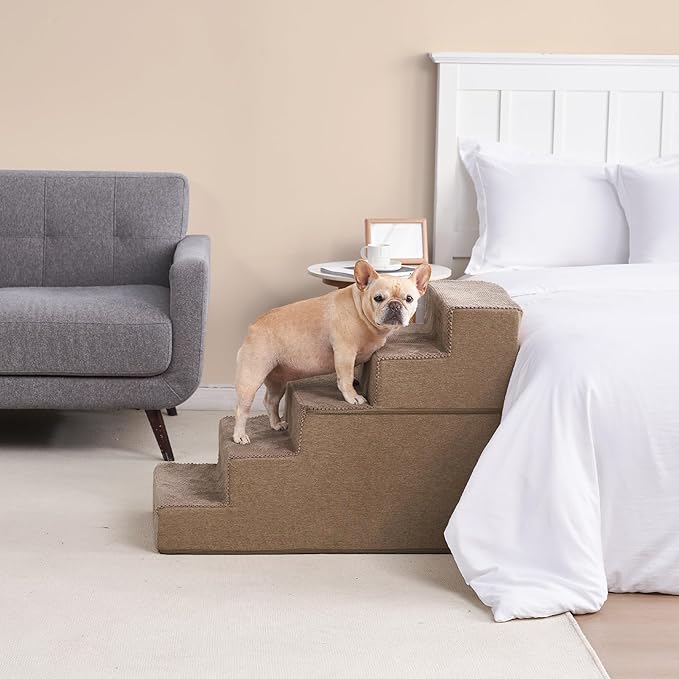 EHEYCIGA Dog Stairs for High Bed 25”H, 5-Step Extra Wide Dog Steps for Bed, Pet Steps for Small Dogs and Cats, Non-Slip Balanced Dog Indoor Ramp, Camel