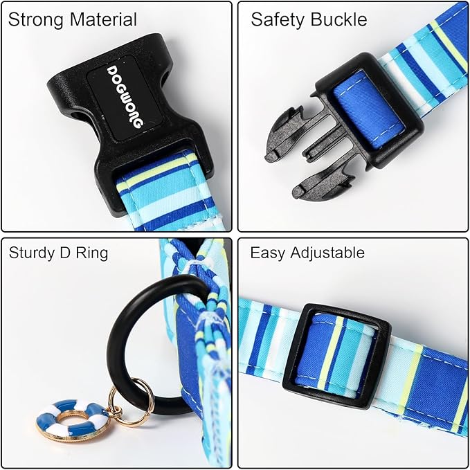 DOGWONG Blue Boy Dog Collar, Blue Stripe Dog Collar Adjustable Soft Natural Fabric Girl Pet Dog Collars Cute Boy Necklace for Small Medium Large Dogs
