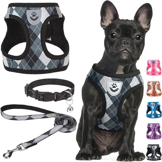 SCENEREAL Dog Harness Collar and Leash Set, Step-in No Pull Pet Vest Harnesses for Small Medium Dogs Puppy Cats, Soft Mesh No-Chock Reflective Vest Harness for Outdoor Walking Running, Black Plaid M