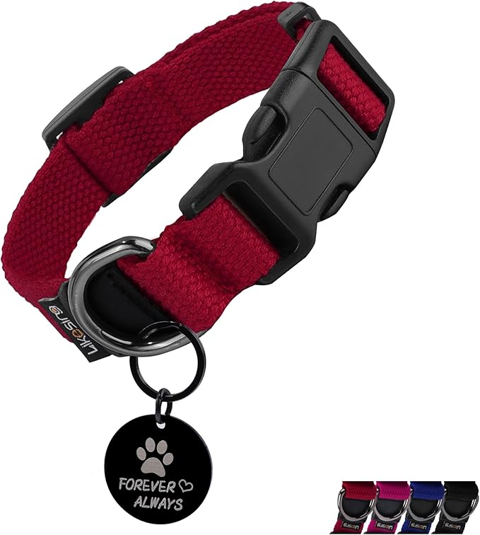 Cotton Soft Dog Collar, Quick Release Dog Collar with Buckle, Heavy-Duty Adjustable Pet Collar for XS Small Medium Large Dog, Colorfast Dog Collars with Removable Tag(XS, Red)