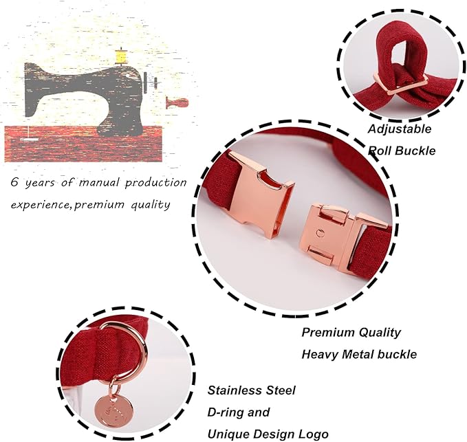 DOGWONG Cotton Dog Collar with Bow Red Pet Collar Durable Adjustable Puppy Collar Christmas Dog Collar for Small Medium Large Dogs