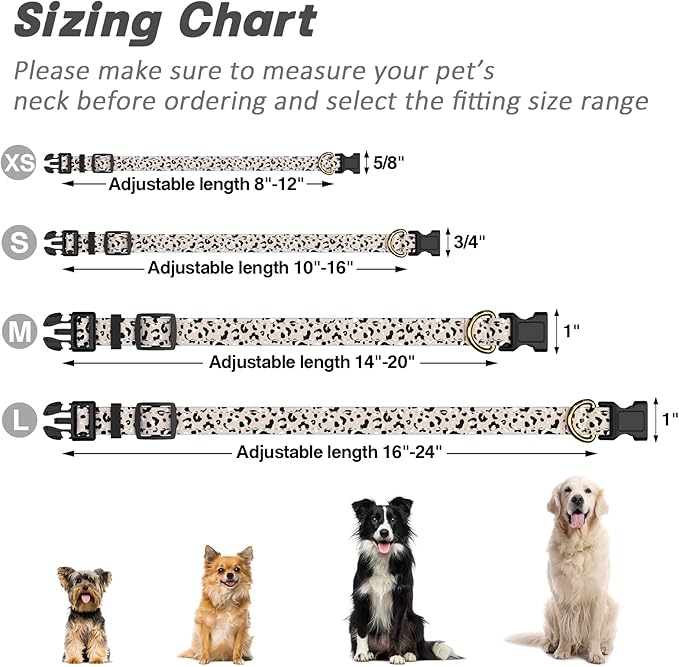 Reflective Dog Collar for Small Dogs, Cute Leopard Style Adjustable Heavy-Duty Nylon Puppy Collar for Boy and Girl Female, Soft Pet Accessories with Quick Release Buckle, Beige