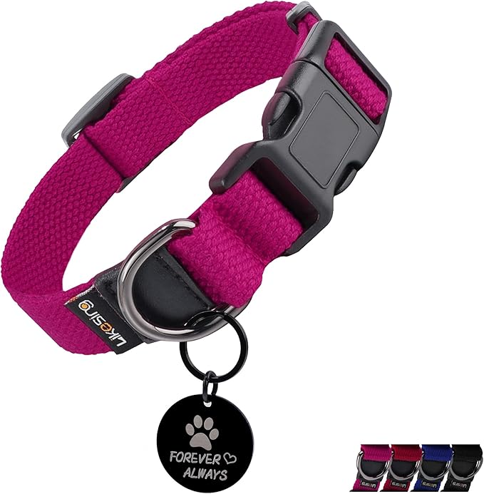 Cotton Soft Dog Collar, Quick Release Dog Collar with Buckle, Heavy-Duty Adjustable Pet Collar for XS Small Medium Large Dog, Colorfast Dog Collars with Removable Tag(S, Rose Red)