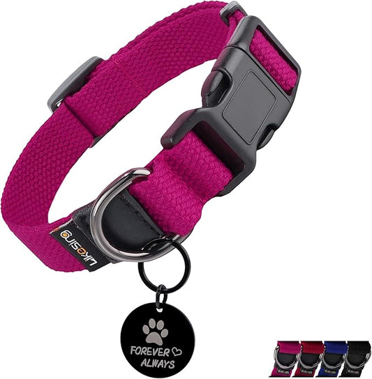 Cotton Soft Dog Collar, Quick Release Dog Collar with Buckle, Heavy-Duty Adjustable Pet Collar for XS Small Medium Large Dog, Colorfast Dog Collars with Removable Tag(S, Rose Red)