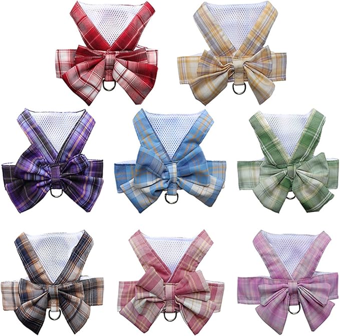 Dog Harness and Leash Set, Cute Bow Tie Plaid Harnesses for Puppy Cat, Adjustable Pet Kitties Vest, Breathable Harness Traction Rope for Boy Girl Small Animal(Harness Navy Blue,2XL for 15.4-22lbs Dog)