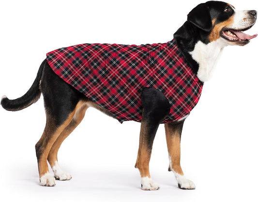 Stretch Fleece Dog Coat, Stretchy Pet Sweater, Machine Washable Pullover for Winter and Fall, Red Classic Plaid, 28