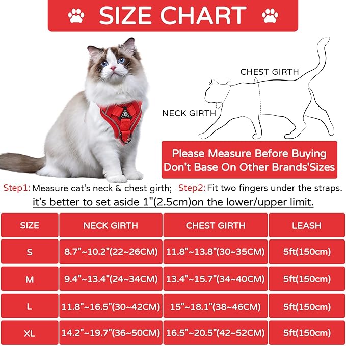 Cat Harness and Leash Set, Cat Escape Proof Adjustable Vest with Lead for Kitten Puppy Outdoor Walking, Soft Breathable Mesh Jacket with Reflective Strips (M, Red)