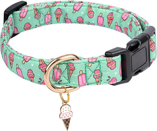 Cotton Dog Collar,Adjustable Cute Puppy Collar with Moon Patterned Design for Small Medium Large Dogs,Soft and Fancy Pet Collar with Safety Buckle for Girl Boy Dogs (Green Ice Cream, L)