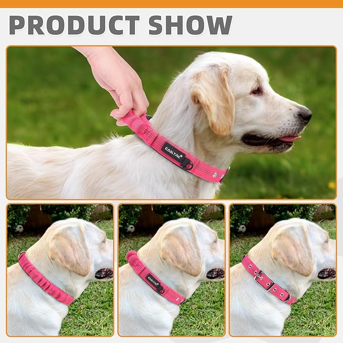 KOOLTAIL Heavy Duty Dog Collar with Handle for Large Dogs, Ballistic Nylon Collar for Training Control, Soft Padded Thick Wide Reflective Dogs Collar with Adjustable Metal Buckle for Walking, Pink S