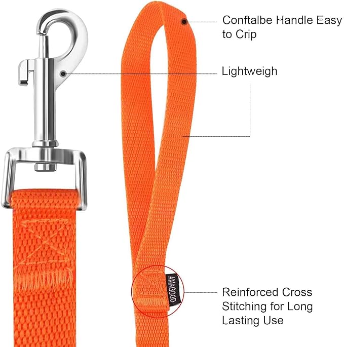 AMAGOOD 6 FT Puppy/ Dog Leash, Strong and Durable Traditional Style Leash with Easy to Use Collar Hook, Great for Small, Medium and Large Dogs (1" x 6 ft, Black and Orange (2-Pack))