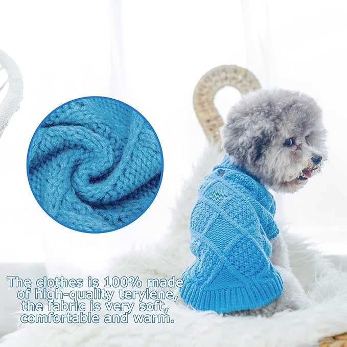 Mihachi Turtleneck Dog Sweater - Winter Coat Apparel Classic Cable Knit Clothes with Leash Hole for Cold Weather, Ideal Gift for Pet in New Year Lake Blue