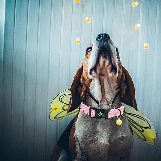 Elegant little tail Dog Collar, Cute Bees Pattern Pet Collar Pink Durable Holiday Female or Male Adjustable Cotton Pet Collar with Quick Release Buckle for Large Dogs