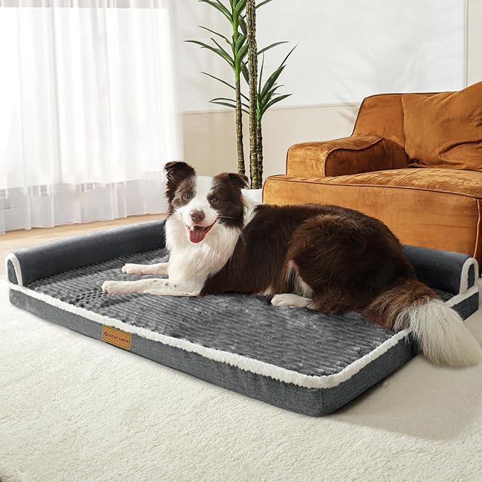 Patas Lague Orthopedic Jumbo Dog Bed for Extra Large Dogs 56''X40'', Waterproof Comfortable L Shaped Jumbo Non-Slip Soft Warm Pet Sofa Sleep Bed mat with Removable Washable Cover, Grey