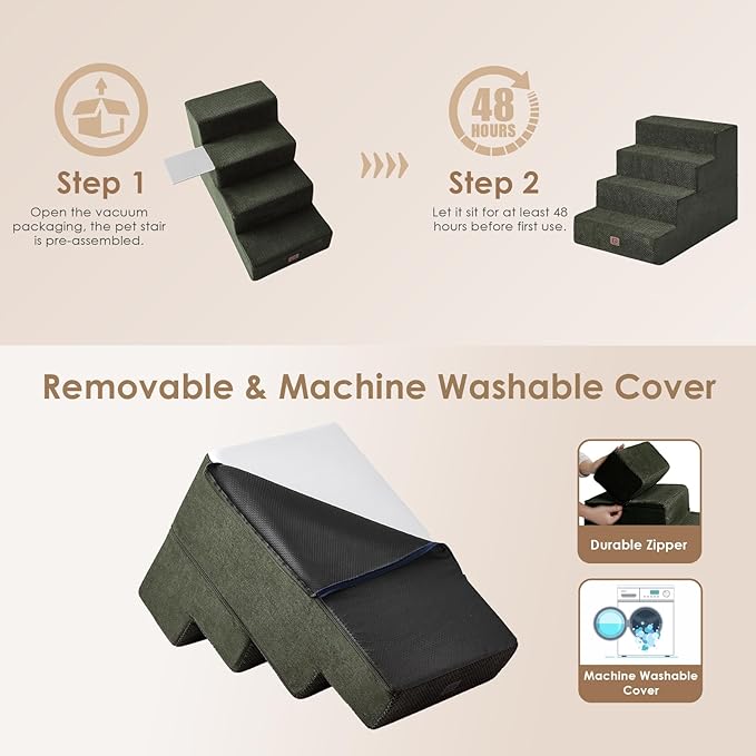 EHEYCIGA Dog Stairs for Bed 20”H, 4-Step Extra Wide Dog Steps for High Bed, Pet Steps for Small Dogs and Cats, Non-Slip Balanced Dog Indoor Ramp, Olive Green