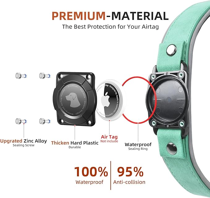 AirTag Dog Collar - Leather Dog Collar with Air Tag Holder | IPX8 Waterproof, Reflective, High - End, Adjustable Soft Padded | Dog GPS Tracker Collars Fit for Medium Large Dogs (Teal, XL)